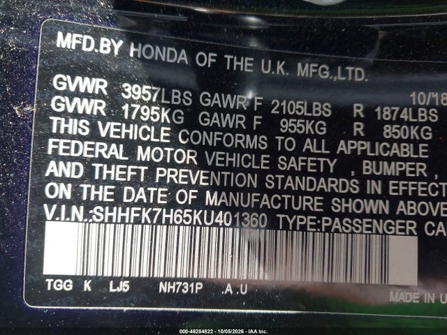 46284822 :رقم المزاد ، SHHFK7H65KU401360 vin ، 2019 Honda Civic Ex مزاد بيع