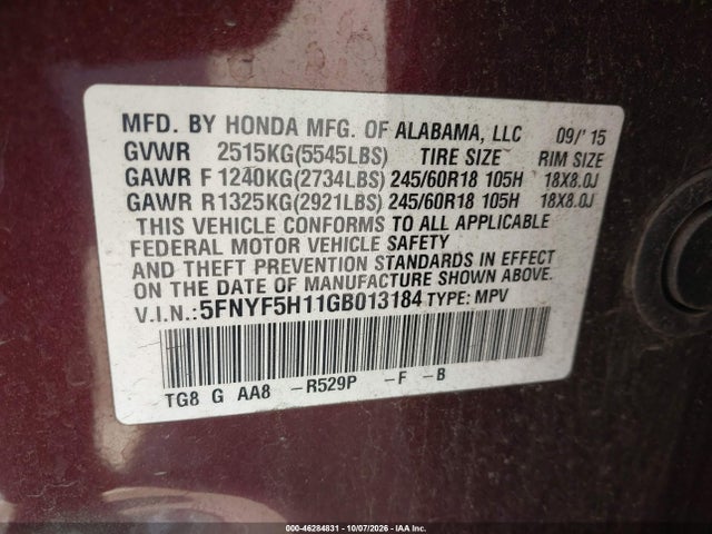 2016 Honda Pilot Lx მანქანა იყიდება აუქციონზე, vin: 5FNYF5H11GB013184, აუქციონის ნომერი: 46284831