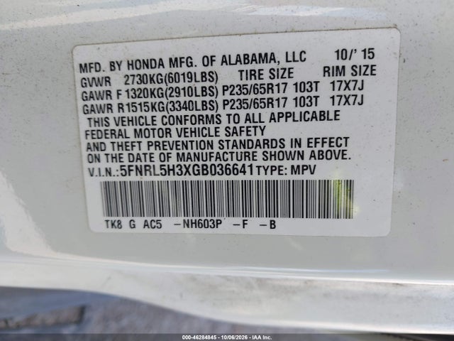 Продаж на аукціоні авто 2016 Honda Odyssey Se, vin: 5FNRL5H3XGB036641, номер лоту: 46284845