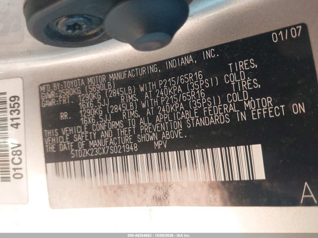 Продаж на аукціоні авто 2007 Toyota Sienna Le, vin: 5TDZK23CX7S021948, номер лоту: 46284862