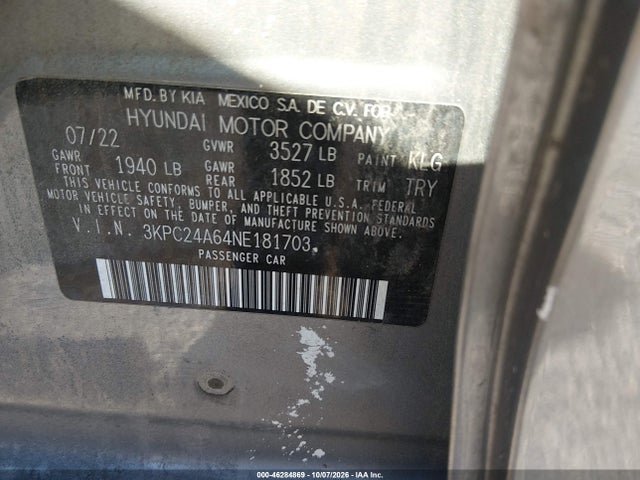 2022 Hyundai Accent Se მანქანა იყიდება აუქციონზე, vin: 3KPC24A64NE181703, აუქციონის ნომერი: 46284869