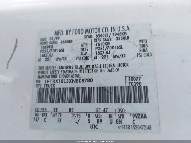 Aukcja sprzedaży 1999 Ford F-150 Lariat/xl/xlt, vin: 1FTRX18L3XNB08780, numer aukcji: 46284889