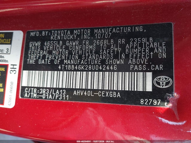 Aukcja sprzedaży 2008 Toyota Camry Hybrid, vin: 4T1BB46K28U042446, numer aukcji: 46284891