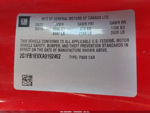 46284898 :رقم المزاد ، 2G1FB1EVXA9192462 vin ، 2010 Chevrolet Camaro 1lt مزاد بيع
