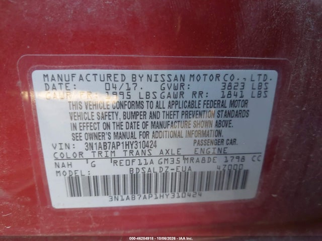 2017 Nissan Sentra Sv მანქანა იყიდება აუქციონზე, vin: 3N1AB7AP1HY310424, აუქციონის ნომერი: 46284918