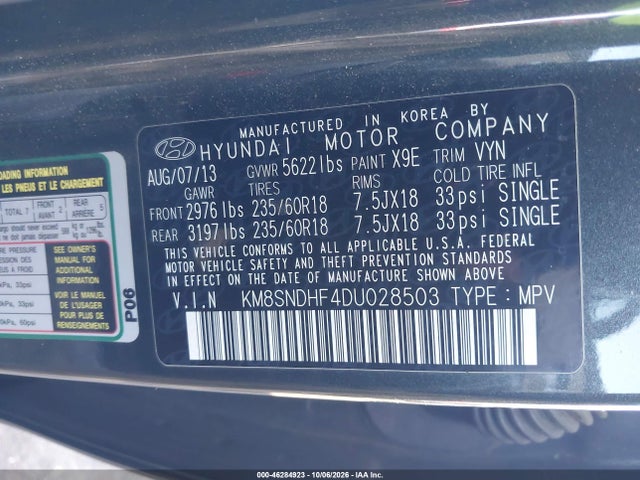 2013 Hyundai Santa Fe Gls მანქანა იყიდება აუქციონზე, vin: KM8SNDHF4DU028503, აუქციონის ნომერი: 46284923
