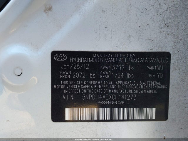 46284929 :رقم المزاد ، 5NPDH4AEXCH141273 vin ، 2012 Hyundai Elantra Gls مزاد بيع