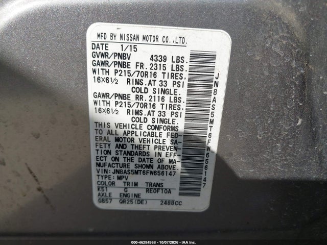 46284968 :رقم المزاد ، JN8AS5MT6FW656147 vin ، 2015 Nissan Rogue Select S مزاد بيع