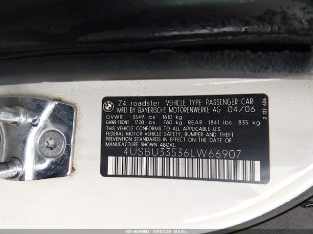 Aukcja sprzedaży 2006 Bmw Z4 3.0i, vin: 4USBU33536LW66907, numer aukcji: 46284992