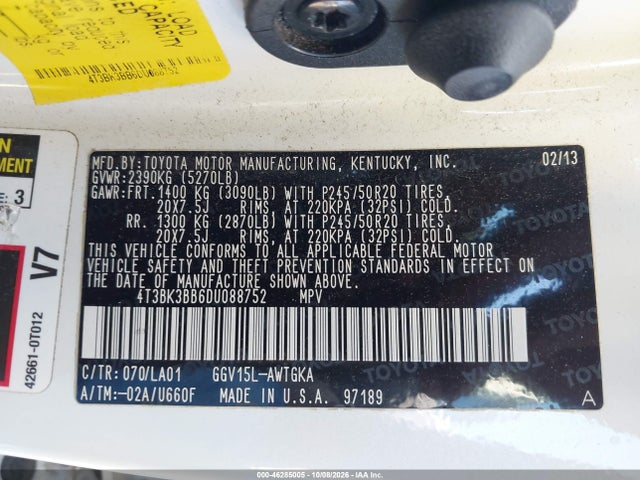 Продаж на аукціоні авто 2013 Toyota Venza Xle V6, vin: 4T3BK3BB6DU088752, номер лоту: 46285005