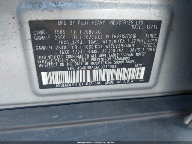 2012 Subaru Outback 2.5i მანქანა იყიდება აუქციონზე, vin: 4S4BRBAC6C3239084, აუქციონის ნომერი: 46285014