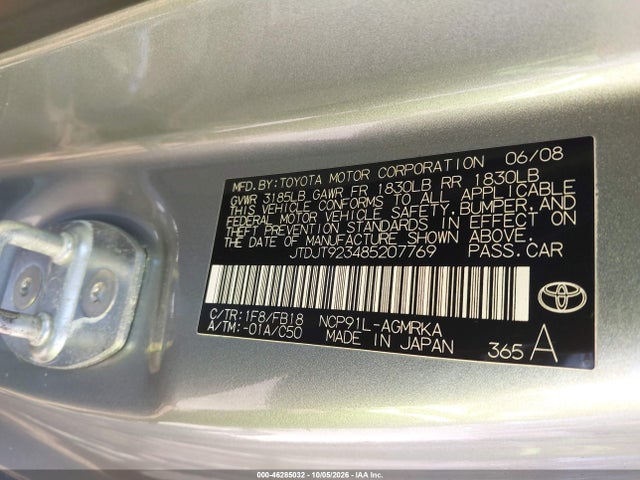 46285032 :رقم المزاد ، JTDJT923485207769 vin ، 2008 Toyota Yaris مزاد بيع
