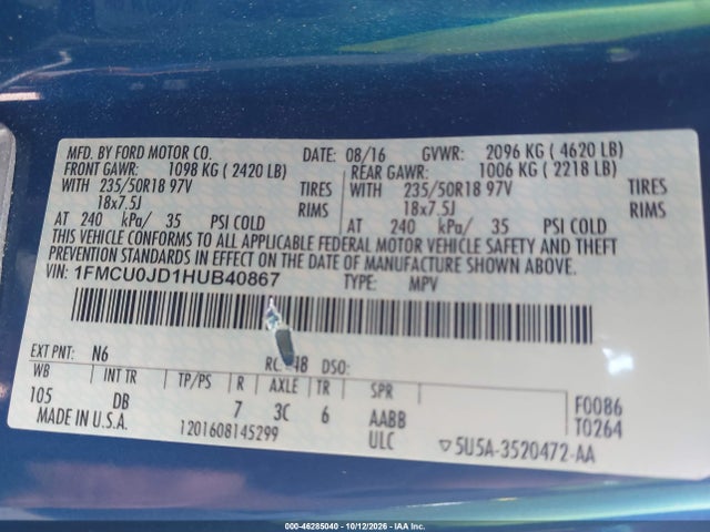 Продажа на аукционе авто 2017 Ford Escape Titanium, vin: 1FMCU0JD1HUB40867, номер лота: 46285040