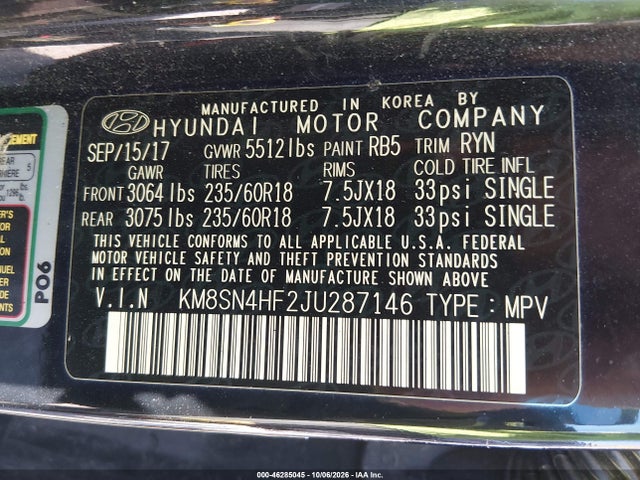 Продаж на аукціоні авто 2018 Hyundai Santa Fe Se, vin: KM8SN4HF2JU287146, номер лоту: 46285045