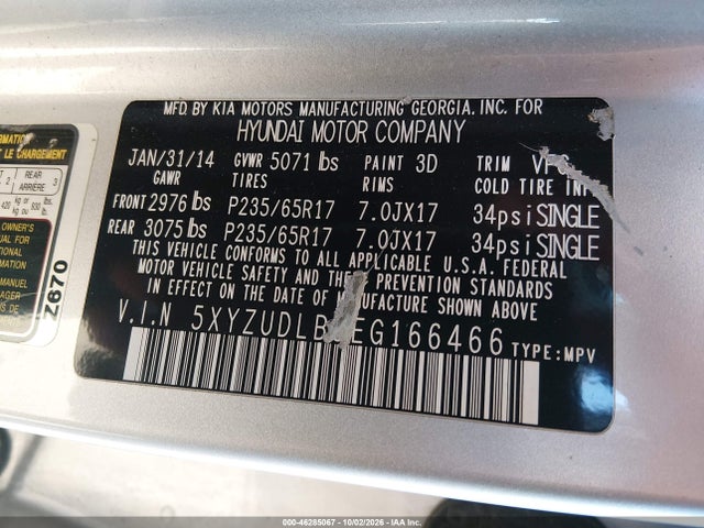 46285067 :رقم المزاد ، 5XYZUDLB5EG166466 vin ، 2014 Hyundai Santa Fe Sport 2.4l مزاد بيع