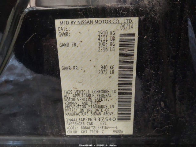 46285071 :رقم المزاد ، 1N4AL3AP2FN337540 vin ، 2015 Nissan Altima 2.5 Sl مزاد بيع