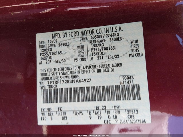 Продаж на аукціоні авто 2003 Ford F-150 Xl/xlt, vin: 1FTRF17283NA64927, номер лоту: 46285085