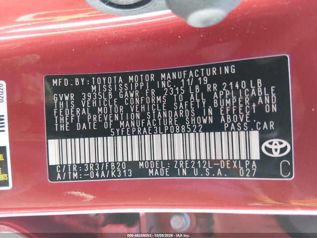 Toyota COROLLA LE 2020 5YFEPRAE3LP088522 Image 9