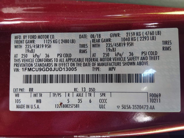 46285111 :رقم المزاد ، 1FMCU9GD0JUD13005 vin ، 2018 Ford Escape Se مزاد بيع