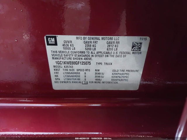 46285120 :رقم المزاد ، 1GC1KWE88GF125075 vin ، 2016 Chevrolet Silverado 2500hd Ltz مزاد بيع