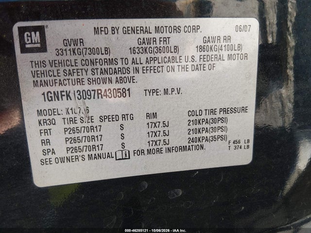 2007 Chevrolet Tahoe Lt მანქანა იყიდება აუქციონზე, vin: 1GNFK13097R430581, აუქციონის ნომერი: 46285121