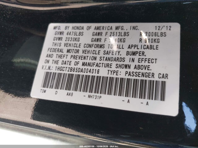 46285158 :رقم المزاد ، 1HGCT2B85DA004016 vin ، 2013 Honda Accord Ex-l V-6 مزاد بيع