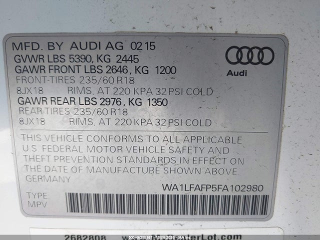 Aukcja sprzedaży 2015 Audi Q5 2.0t Premium, vin: WA1LFAFP5FA102980, numer aukcji: 46285167