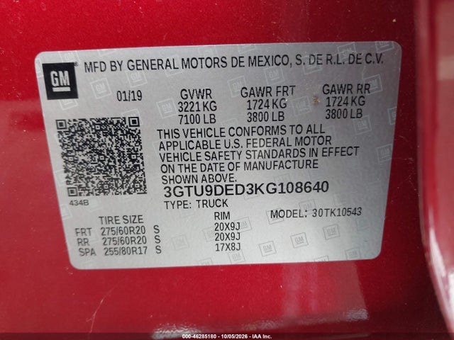 Aukcja sprzedaży 2019 Gmc Sierra 1500 Slt, vin: 3GTU9DED3KG108640, numer aukcji: 46285180