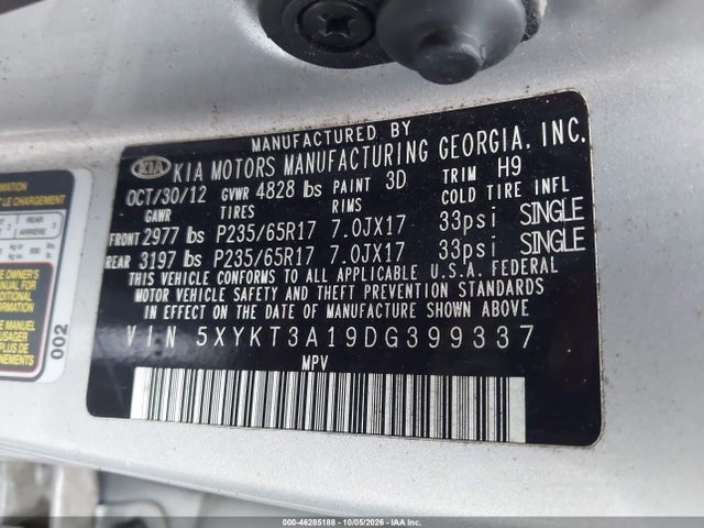 Aukcja sprzedaży 2013 Kia Sorento Lx, vin: 5XYKT3A19DG399337, numer aukcji: 46285188