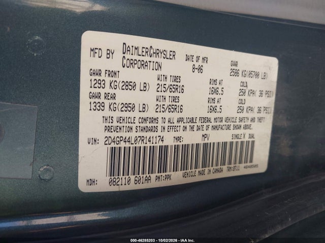 46285203 :رقم المزاد ، 2D4GP44L07R141174 vin ، 2007 Dodge Grand Caravan Sxt مزاد بيع