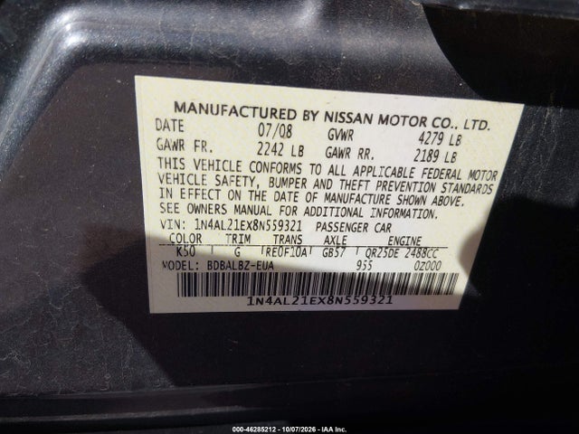 Продажа на аукционе авто 2008 Nissan Altima 2.5 S, vin: 1N4AL21EX8N559321, номер лота: 46285212