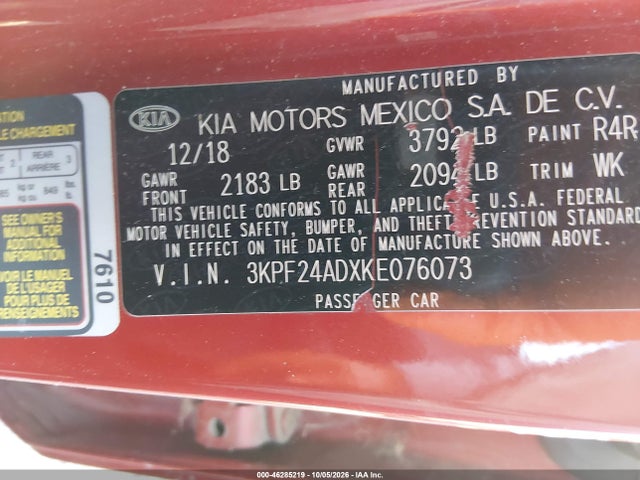 2019 Kia Forte Lxs მანქანა იყიდება აუქციონზე, vin: 3KPF24ADXKE076073, აუქციონის ნომერი: 46285219