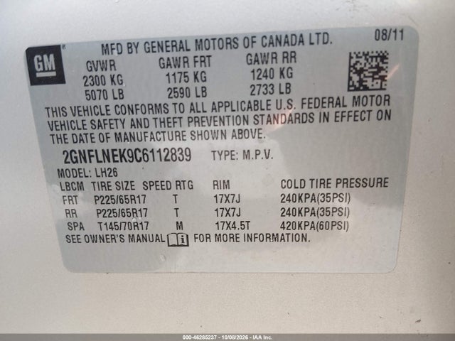 Продаж на аукціоні авто 2012 Chevrolet Equinox 2lt, vin: 2GNFLNEK9C6112839, номер лоту: 46285237