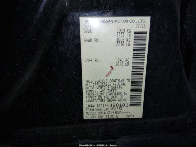 46285243 :رقم المزاد ، 1N4AL3AP1FN890101 vin ، 2015 Nissan Altima 2.5/2.5 S/2.5 Sl/2.5 Sv مزاد بيع