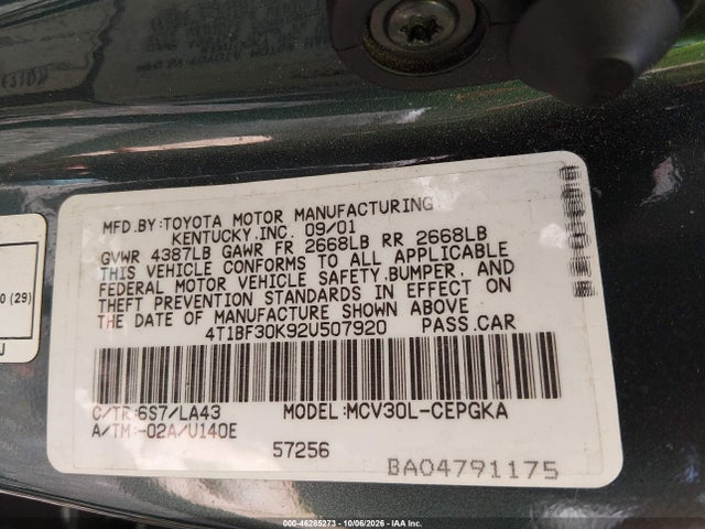 Продаж на аукціоні авто 2002 Toyota Camry Xle V6, vin: 4T1BF30K92U507920, номер лоту: 46285273