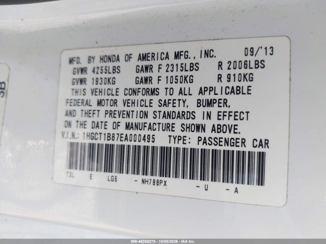 2014 Honda Accord Ex-l მანქანა იყიდება აუქციონზე, vin: 1HGCT1B87EA000495, აუქციონის ნომერი: 46285275
