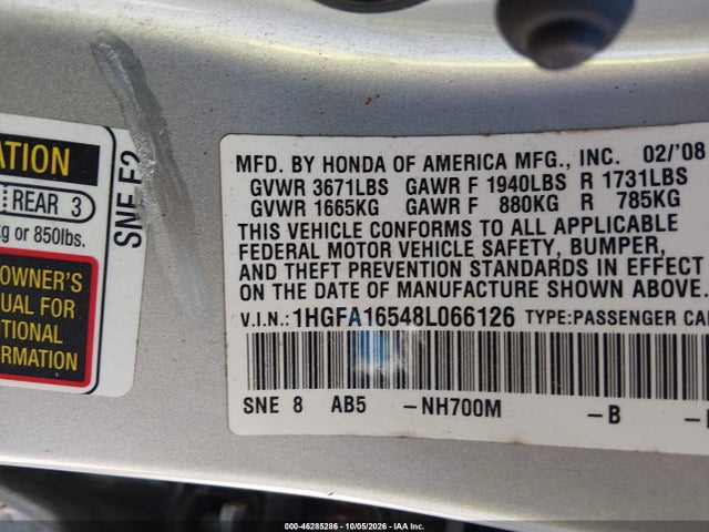 46285286 :رقم المزاد ، 1HGFA16548L066126 vin ، 2008 Honda Civic Lx مزاد بيع