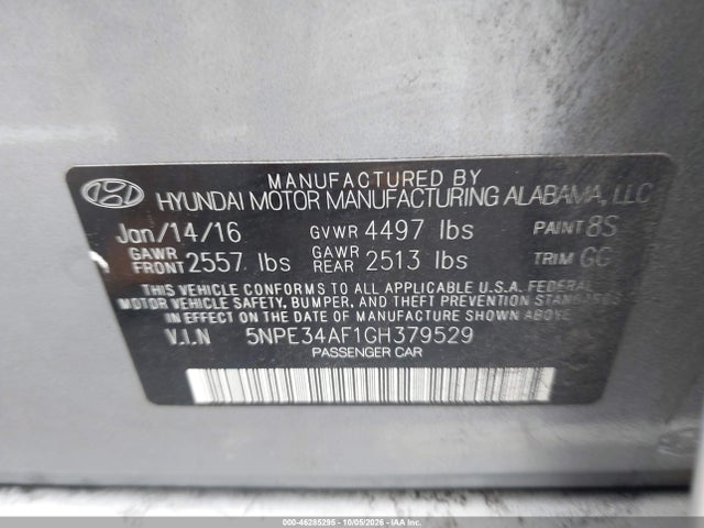 Aukcja sprzedaży 2016 Hyundai Sonata Sport, vin: 5NPE34AF1GH379529, numer aukcji: 46285295