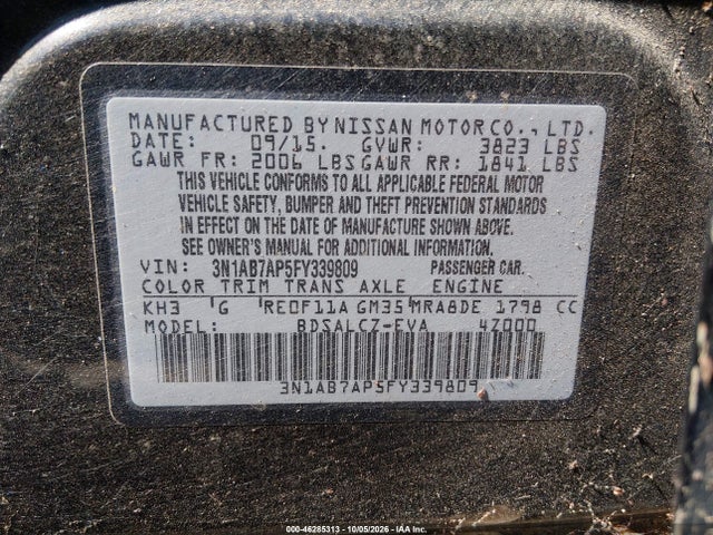 Aukcja sprzedaży 2015 Nissan Sentra S, vin: 3N1AB7AP5FY339809, numer aukcji: 46285313