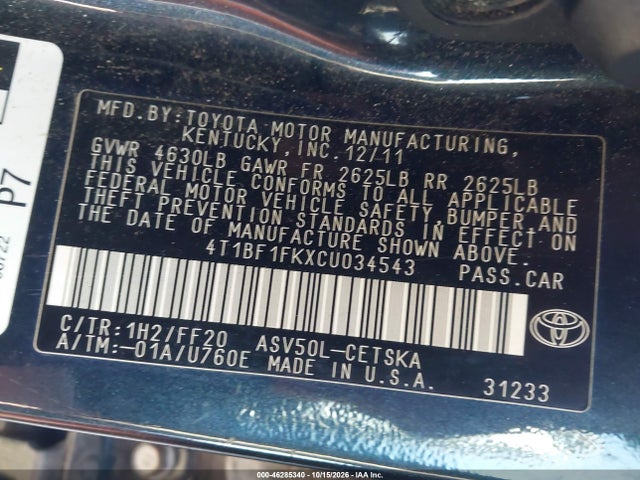 46285340 :رقم المزاد ، 4T1BF1FKXCU034543 vin ، 2012 Toyota Camry Se مزاد بيع