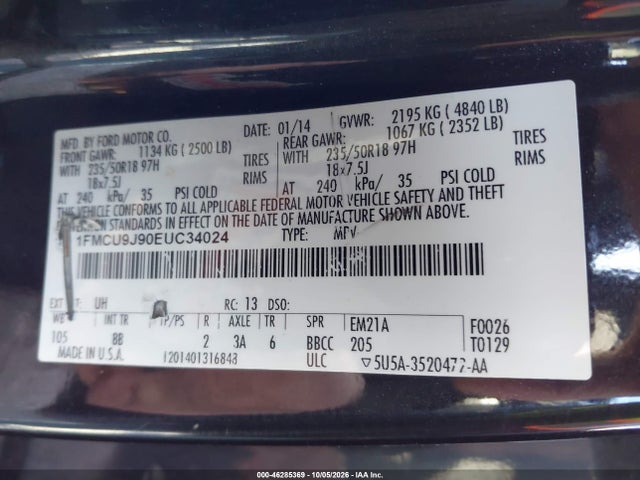 46285369 :رقم المزاد ، 1FMCU9J90EUC34024 vin ، 2014 Ford Escape Titanium مزاد بيع