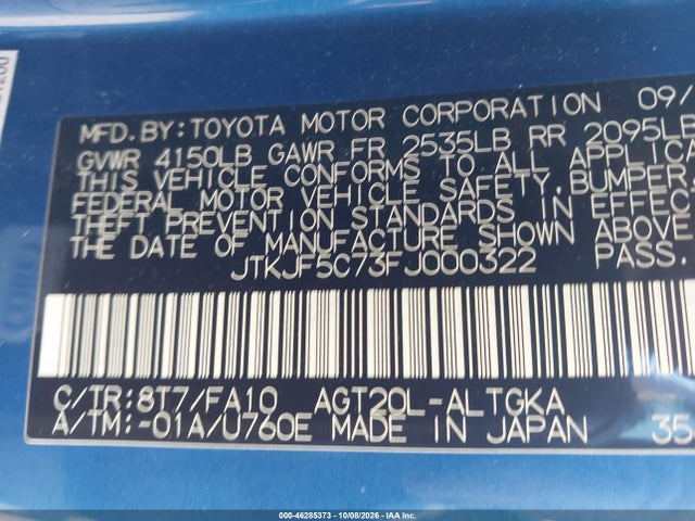 2015 Scion Tc მანქანა იყიდება აუქციონზე, vin: JTKJF5C73FJ000322, აუქციონის ნომერი: 46285373