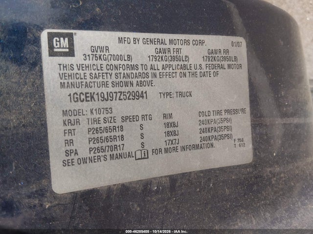 46285405 :رقم المزاد ، 1GCEK19J97Z529941 vin ، 2007 Chevrolet Silverado 1500 Lt1 مزاد بيع
