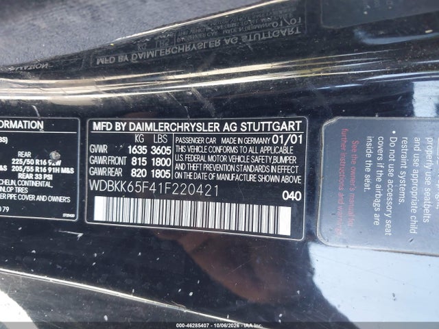 Продаж на аукціоні авто 2001 Mercedes-benz Slk 320, vin: WDBKK65F41F234013, номер лоту: 46285407