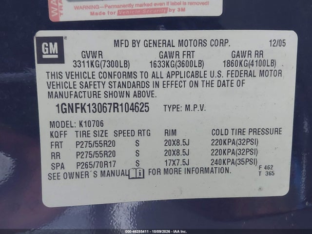 Aukcja sprzedaży 2007 Chevrolet Tahoe Ltz, vin: 1GNFK13067R104625, numer aukcji: 46285411