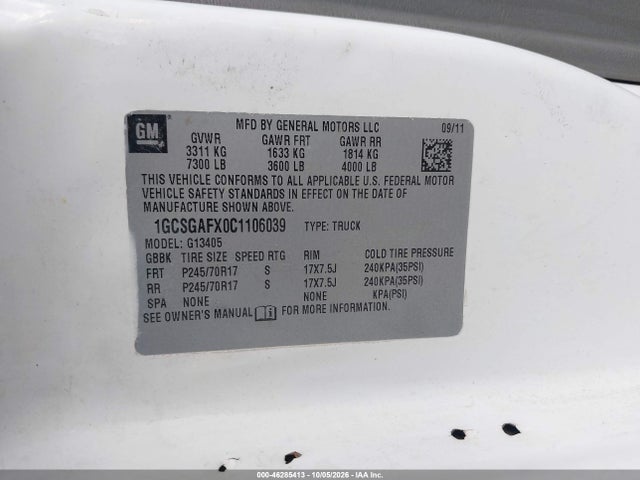 Продаж на аукціоні авто 2012 Chevrolet Express 1500 Work Van, vin: 1GCSGAFX0C1106039, номер лоту: 46285413