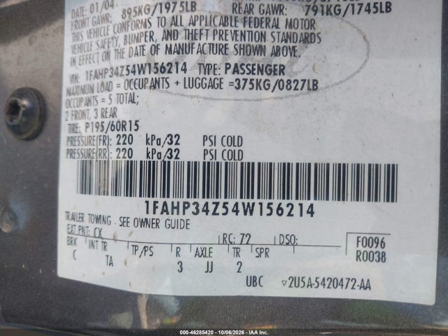 2004 Ford Focus Se მანქანა იყიდება აუქციონზე, vin: 1FAHP34Z54W156214, აუქციონის ნომერი: 46285420