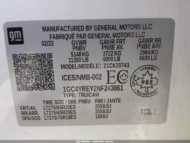46285431 :رقم المزاد ، 1GC4YREY2NF243861 vin ، 2022 Chevrolet Silverado 2500hd 4wd  Long Bed High Country/4wd  Standard Bed High Country مزاد بيع