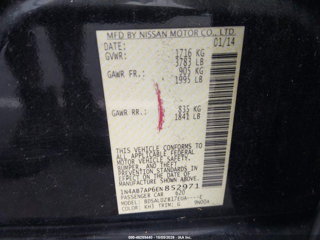 2014 Nissan Sentra Fe+ S/fe+ Sv/s/sl/sr/sv მანქანა იყიდება აუქციონზე, vin: 1N4AB7AP6EN852971, აუქციონის ნომერი: 46285440