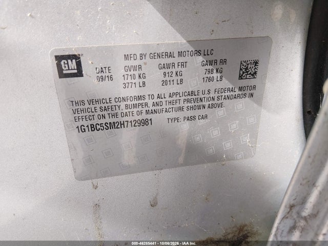 2017 Chevrolet Cruze Ls Auto მანქანა იყიდება აუქციონზე, vin: 1G1BC5SM2H7129981, აუქციონის ნომერი: 46285441